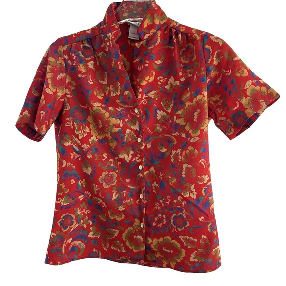 Tops - Red Floral Metallic-Accent Short Sleeve Button-Down Top